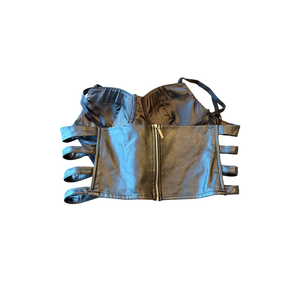 Say What? Bustier Top Black Faux Leather Side Cutout Corset Padded XL Edgy Biker - Picture 2 of 5